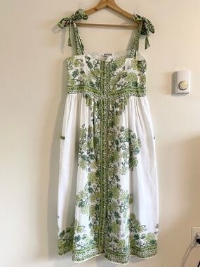 Juliet Dunn Tie Shoulder Midi Dress Women 10 Floral Block Print Pistachio Green